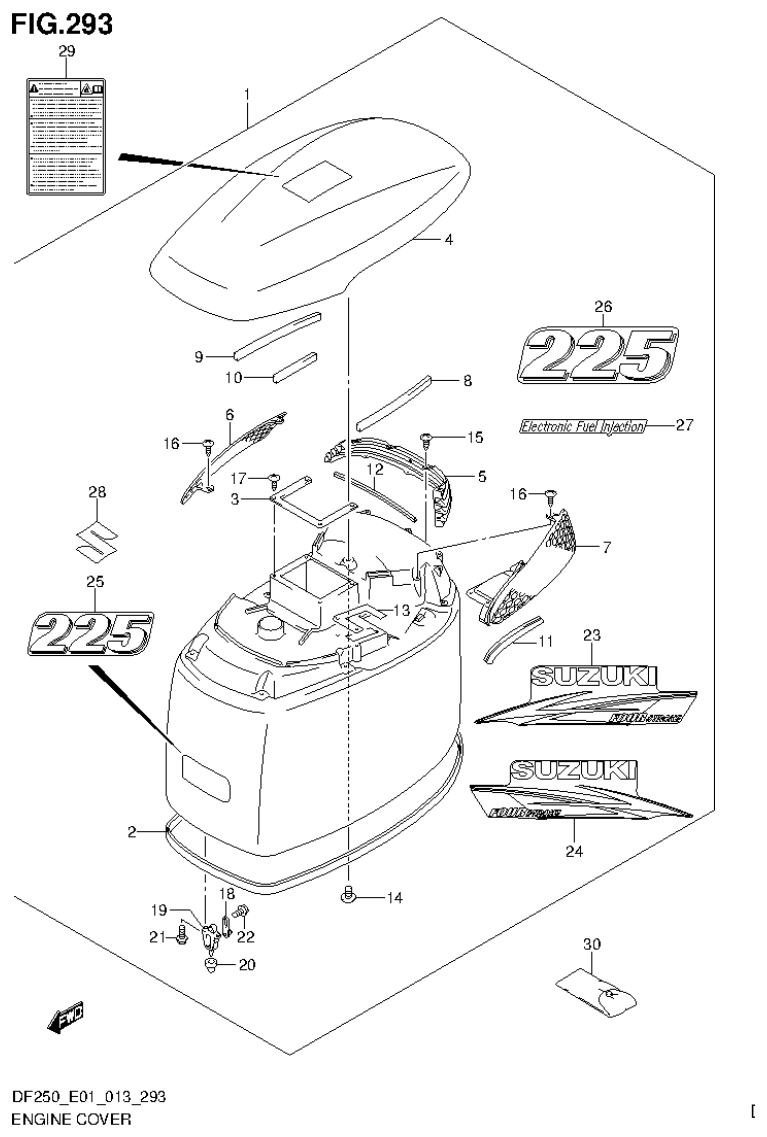 Suzuki DF200T, DF200Z, DF225T, DF225Z, DF250T, DF250Z ENGINE COVER (DF225T E1) parts diagram